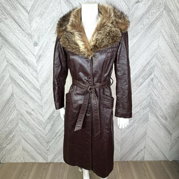 Vintage 70s Leather Trench Coat Womens Small Brown Belted Fur Trim Collar Boho - Picture 1 of 13